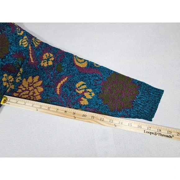 Vintage Elsa Phillips Teal Floral Paisley Mock Neck Knit Sweater Made in USA 402 - Picture 5 of 7